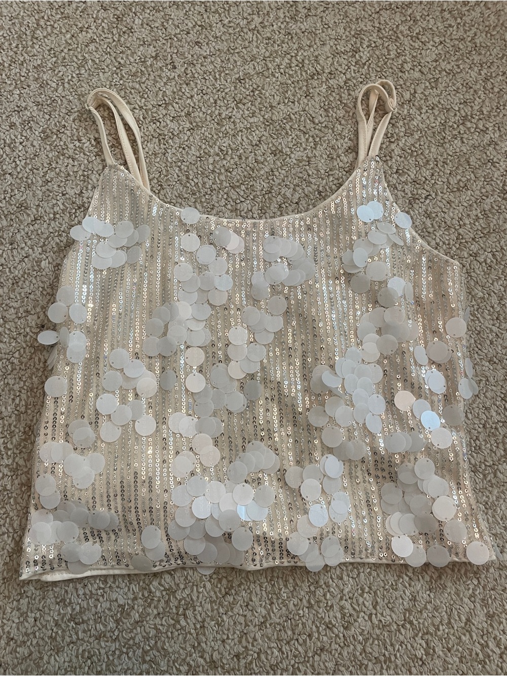 Sequin & Disc Embellished Cream Spaghetti Strap Tank Top